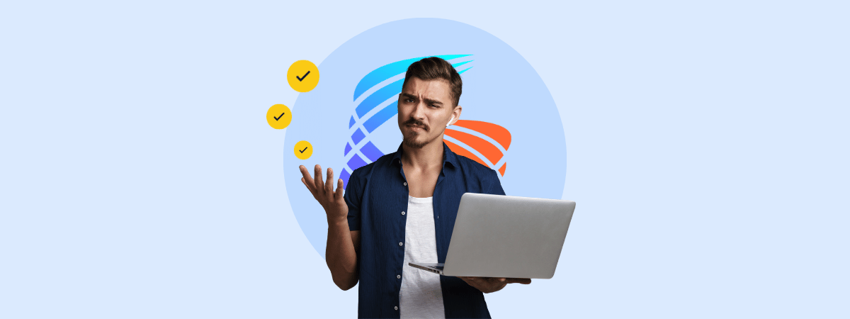 A man with a questioning look holds a laptop, with three yellow checkmark icons in the background symbolizing accessibility criteria